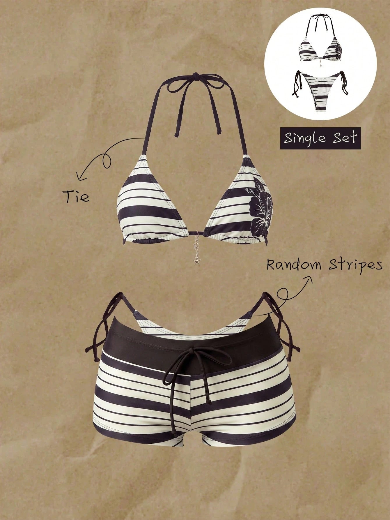 Swim Mod Cute Multicolor Women's Halter Tie Back Striped Bikini Set