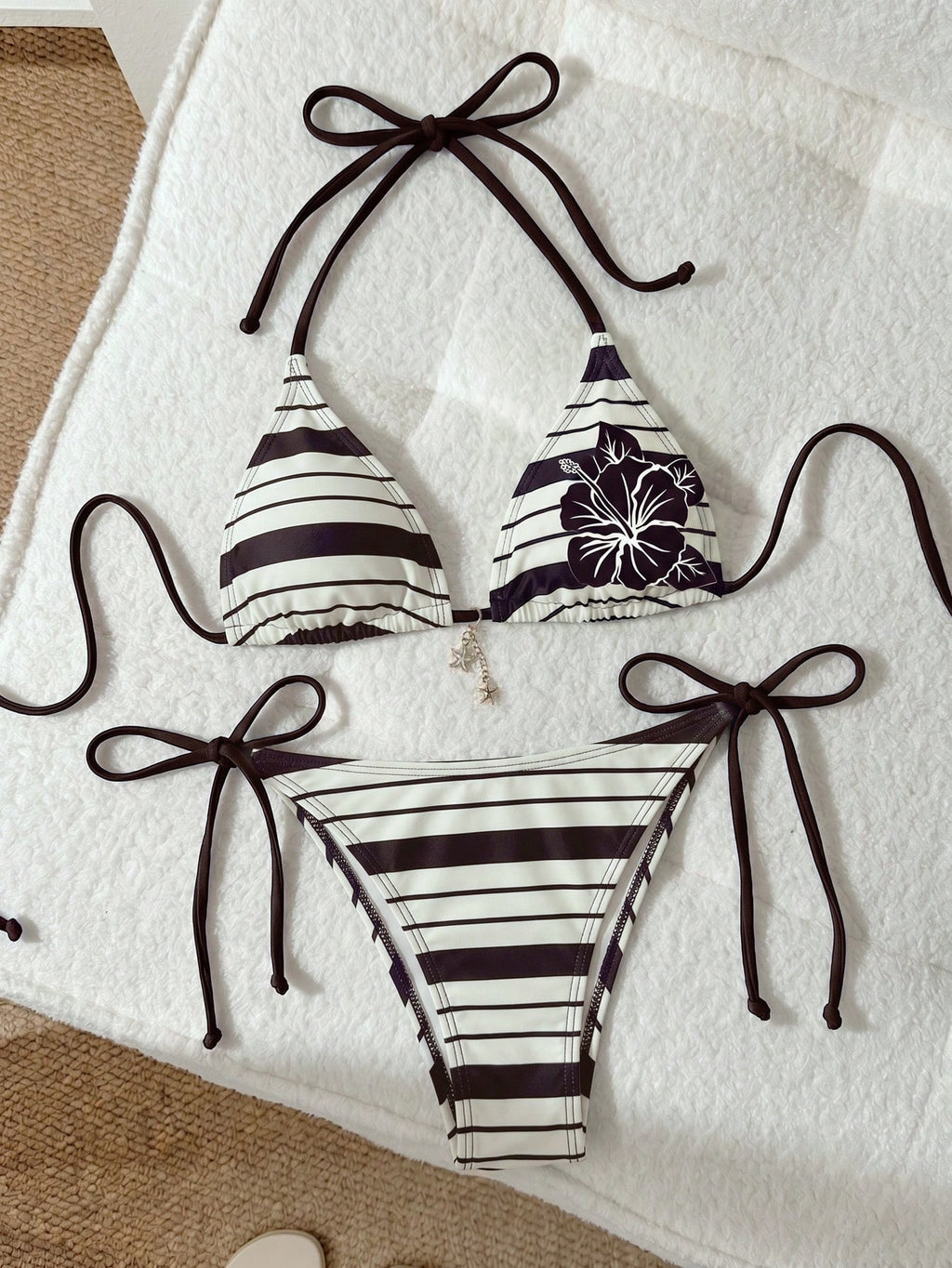 Swim Mod Cute Multicolor Women's Halter Tie Back Striped Bikini Set