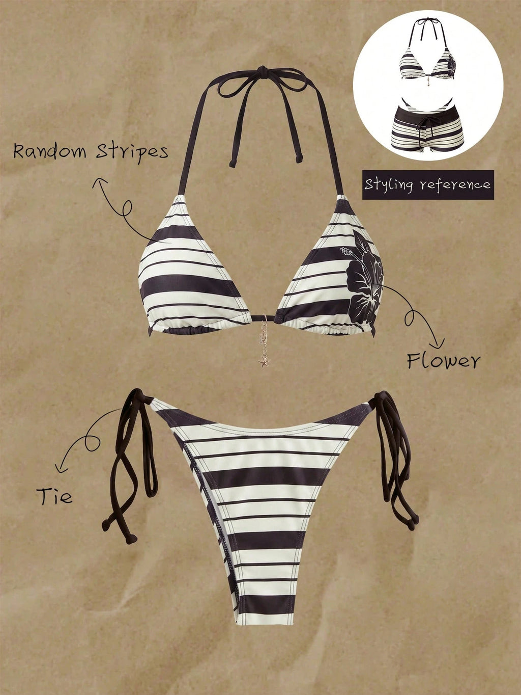 Swim Mod Cute Multicolor Women's Halter Tie Back Striped Bikini Set