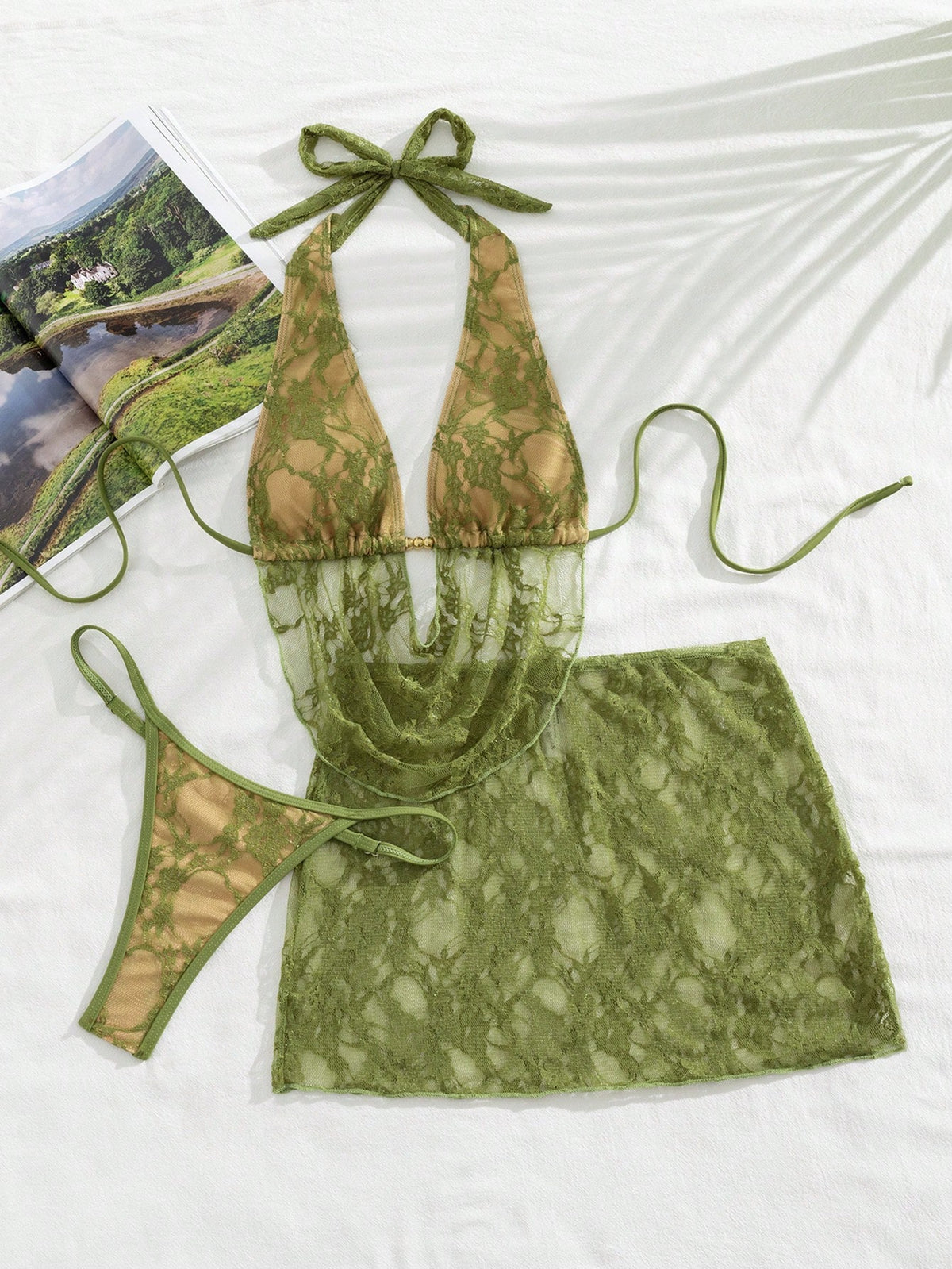 Swim SXY Women Red Summer Elegant Flowy Beach Holiday 3-Piece Bikini Set With Lace Mini Skirt Cover Up,Beaded - image 15