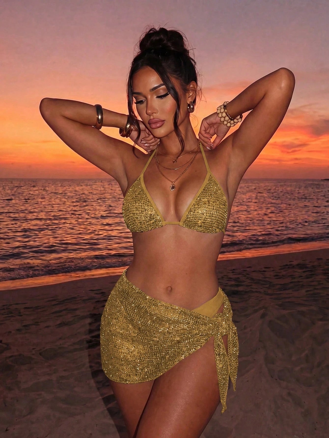 Swim SXY Women's 3-Piece Sequin Bikini Set With Cover Up,Glitter Net