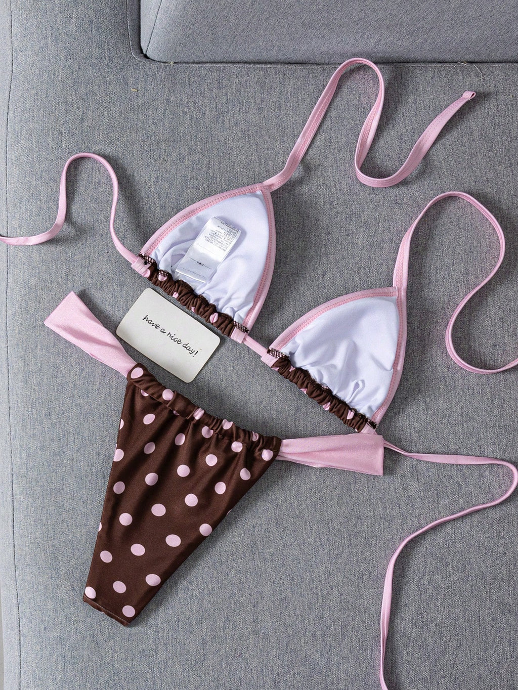 Swim Mod Contrast Color Polka Dot Print Halter Neck Tied Two Pieces