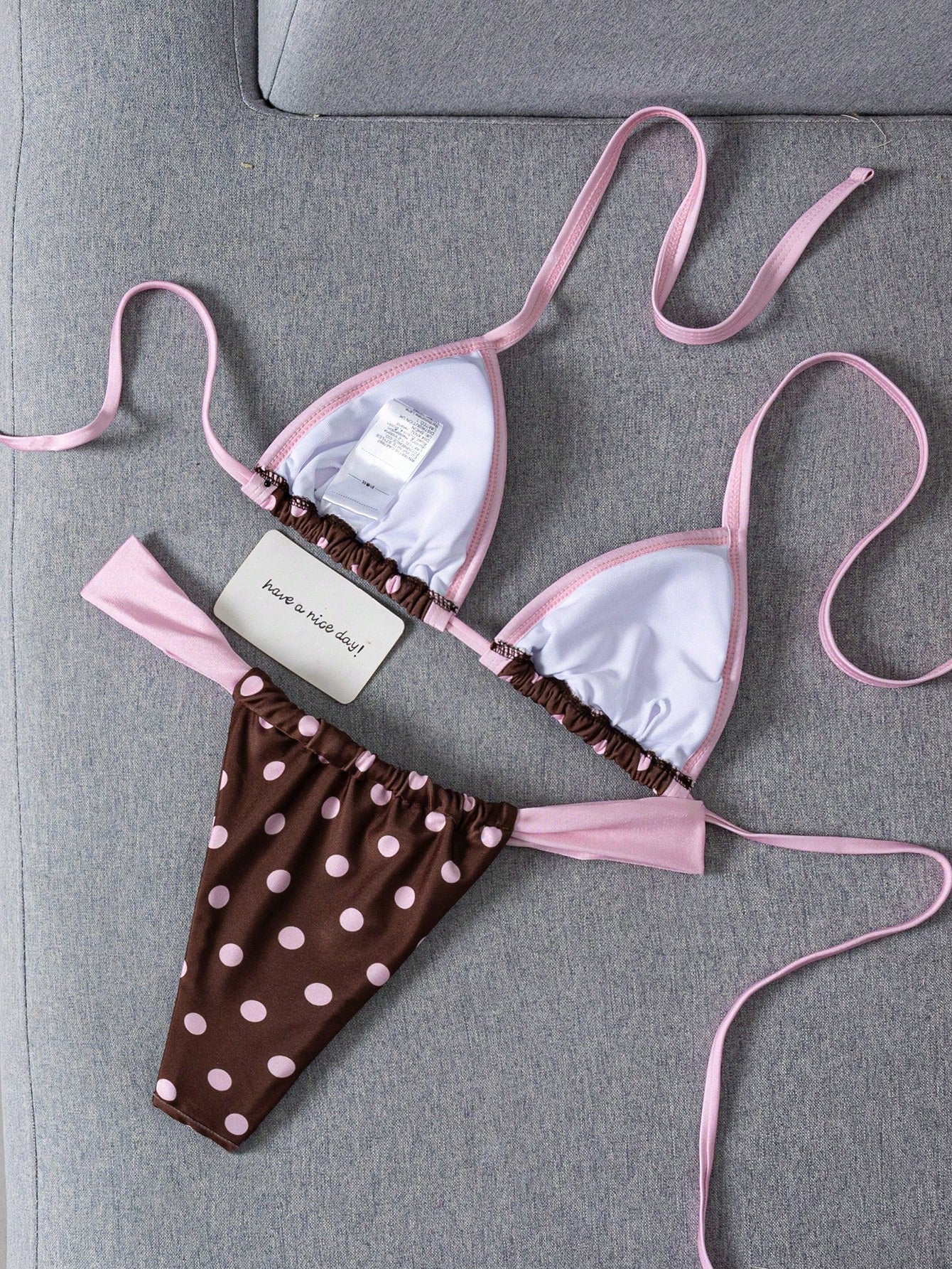 Swim Mod Contrast Color Polka Dot Print Halter Neck Tied Two Pieces