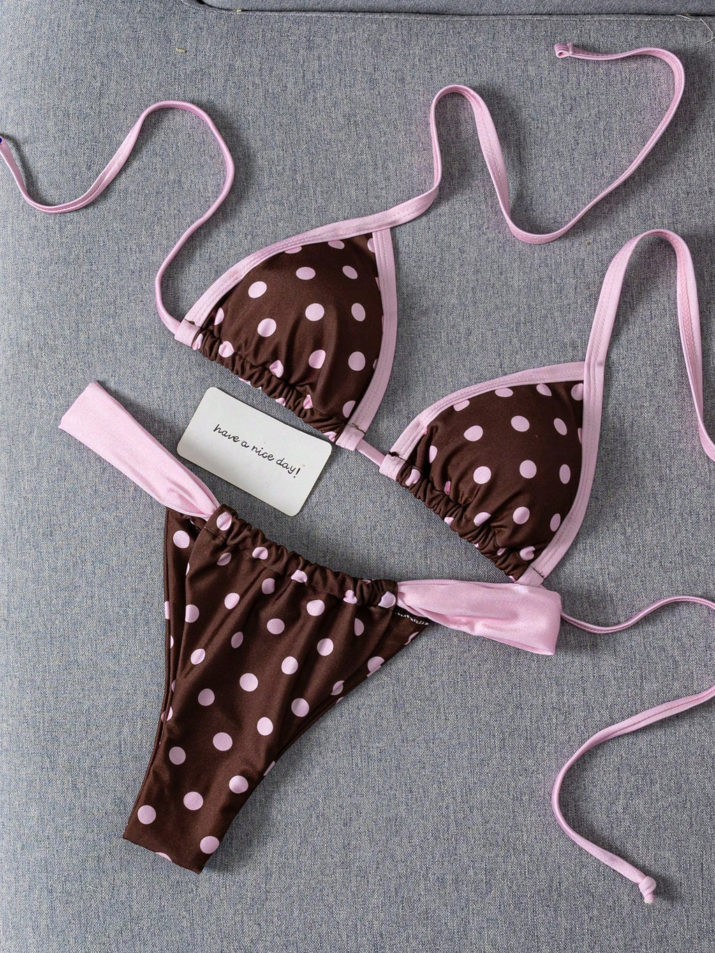Swim Mod Contrast Color Polka Dot Print Halter Neck Tied Two Pieces