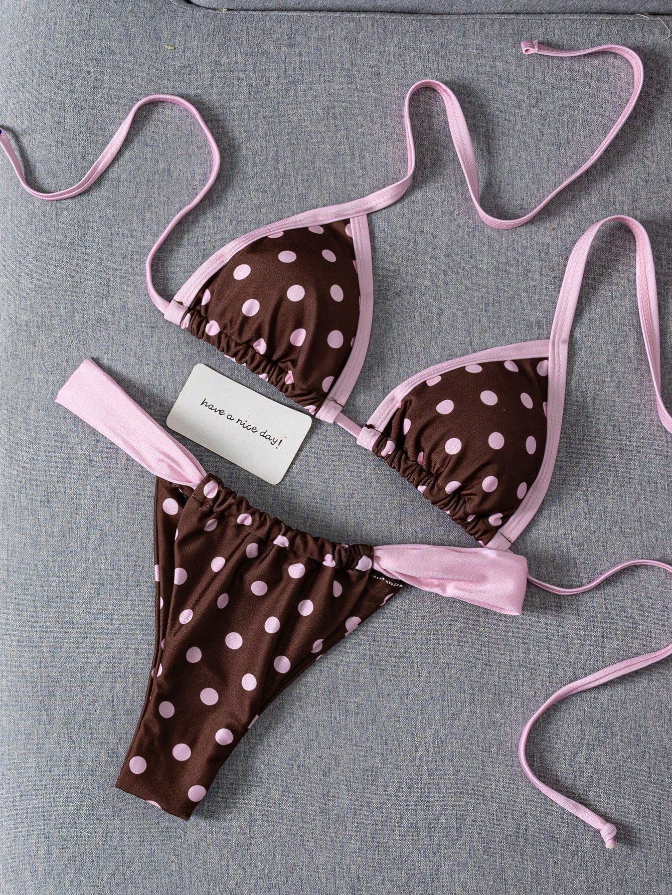 Swim Mod Contrast Color Polka Dot Print Halter Neck Tied Two Pieces
