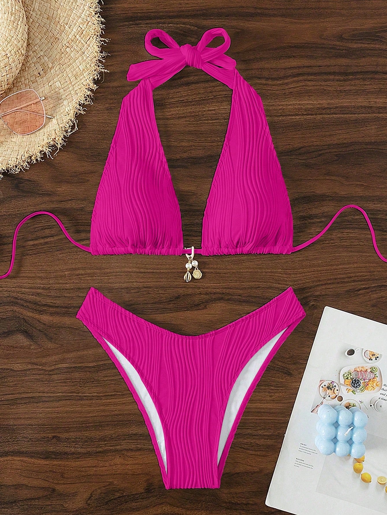 Swim SXY Blue And White Vertical Striped Halter Triangle Bikini Set, Halter Tie Design To Flatter Shoulder - image 20