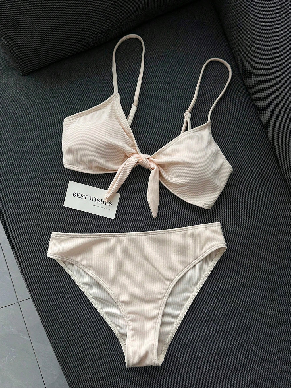 Swim Mod Women's 2-Piece Bikini Swimsuit Set, Double Shoulder Straps, Light Pink Ribbed Fabric, Two Pieces - image 2