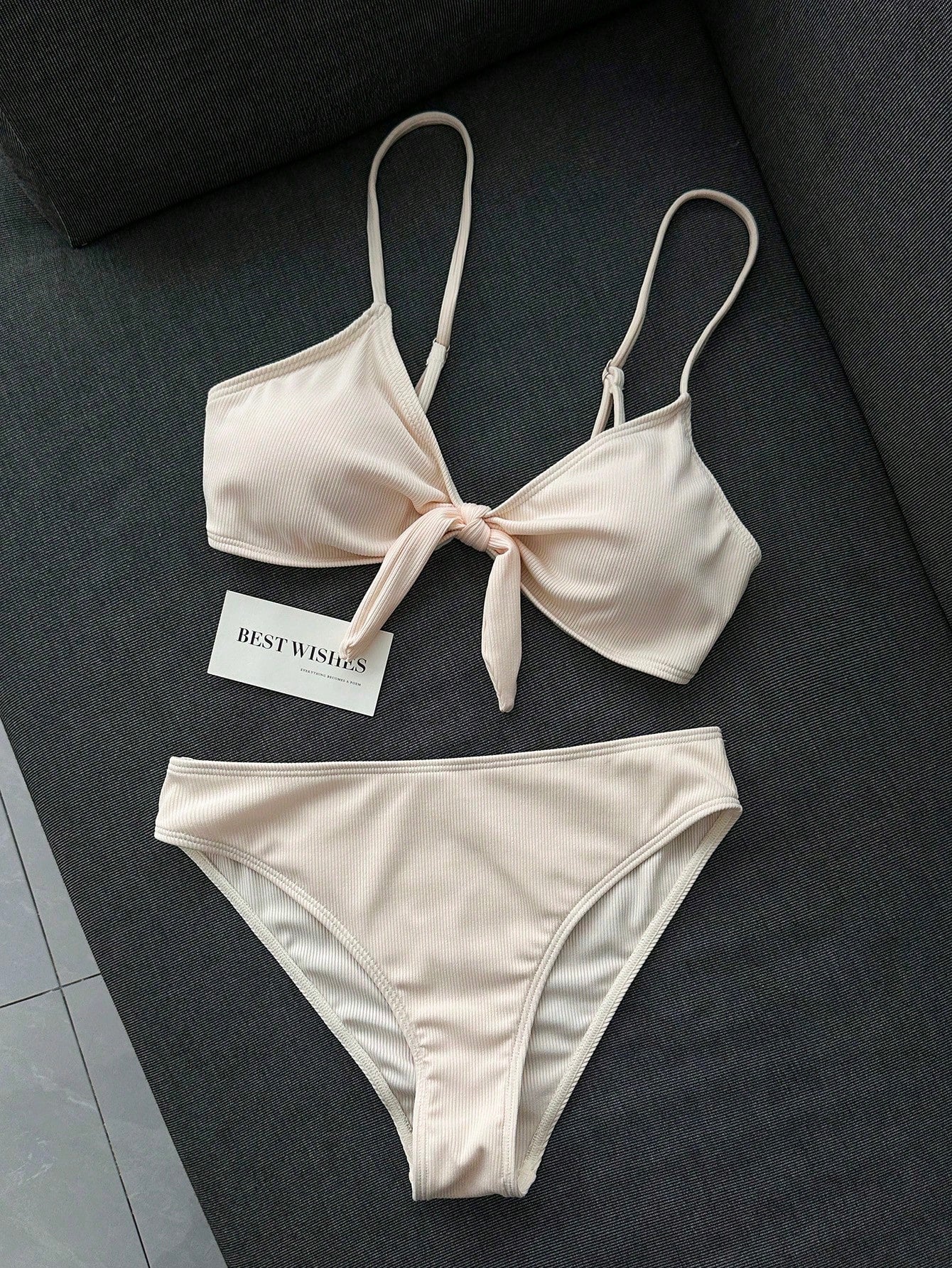 Swim Mod Women's 2-Piece Bikini Swimsuit Set, Double Shoulder Straps, Light Pink Ribbed Fabric, Two Pieces - image 2