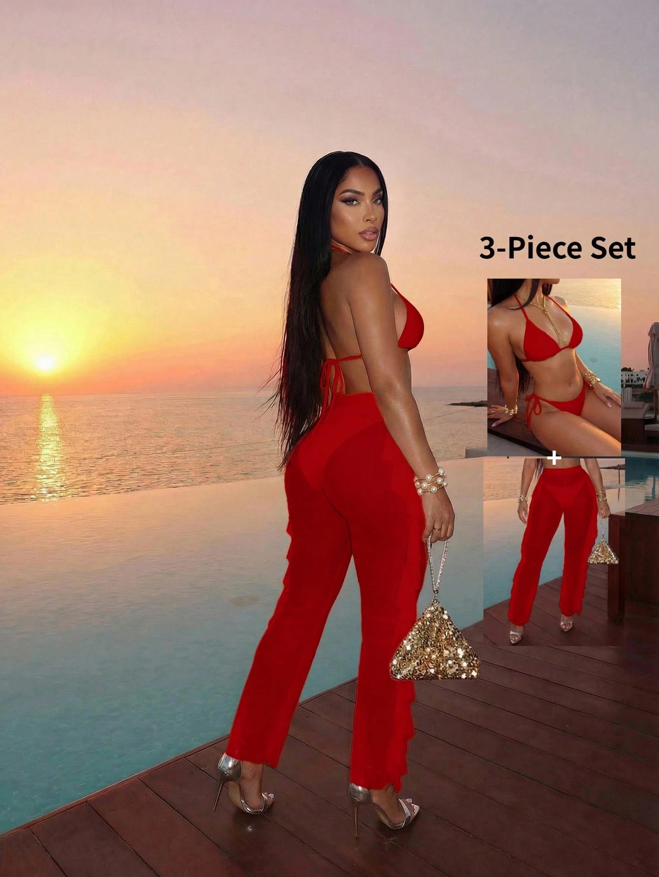 Slaydiva 2026 Casual Beach Holiday Bikini+Unique Ruffled Sheer Elastic Pants 3 P