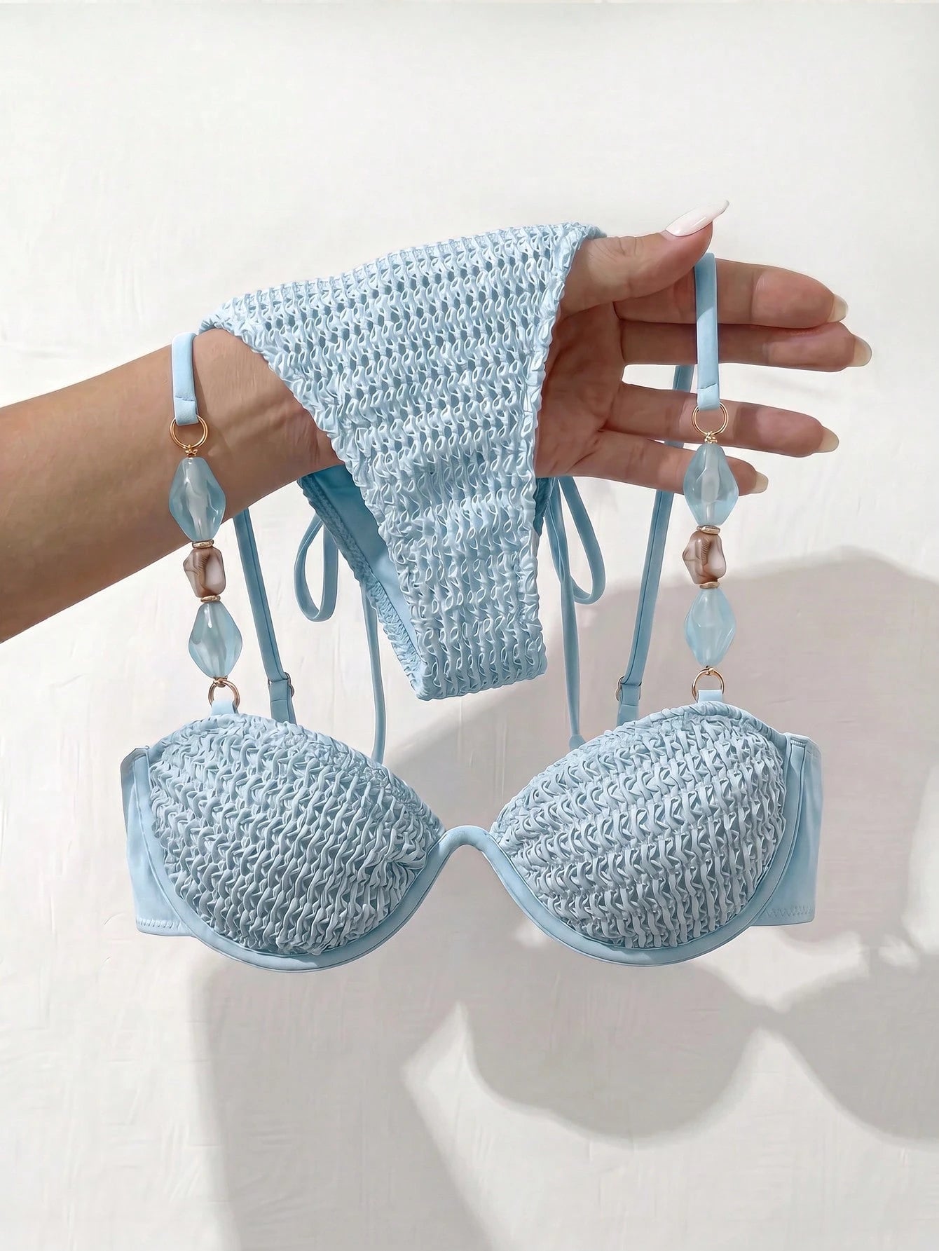 Bikinx Women's Colorblock Crochet Knit Fabric Bikini Set, Beaded Shoulder Straps, Side Tie Waist Swimwear, - image 20