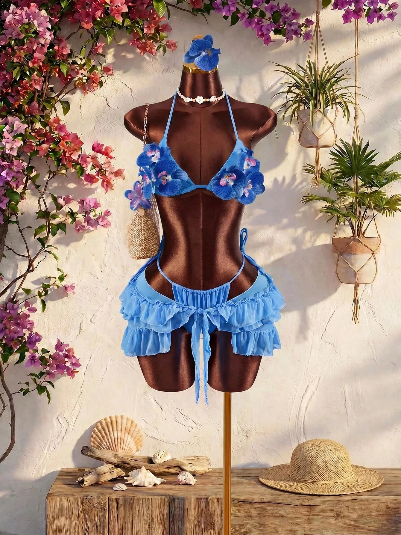 Amplova Women's 3-Piece Swimwear Set With 3D Floral Butterfly Orchid