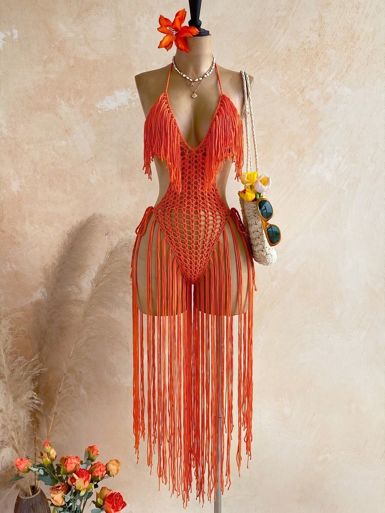 Soleia Women's Tassel Design Halter Neck Casual Vacation Cover-Up