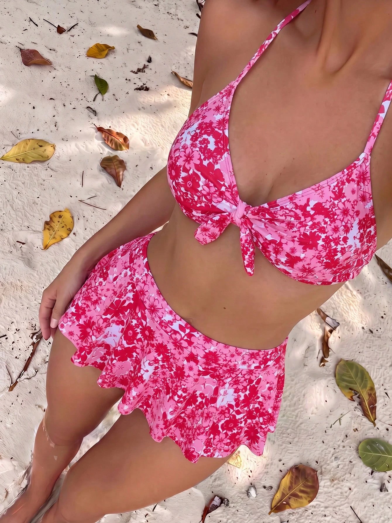 Swim Mod Summer Beach Floral Print Front Knot & Ruffle Trimmed Bikini Set - image 12