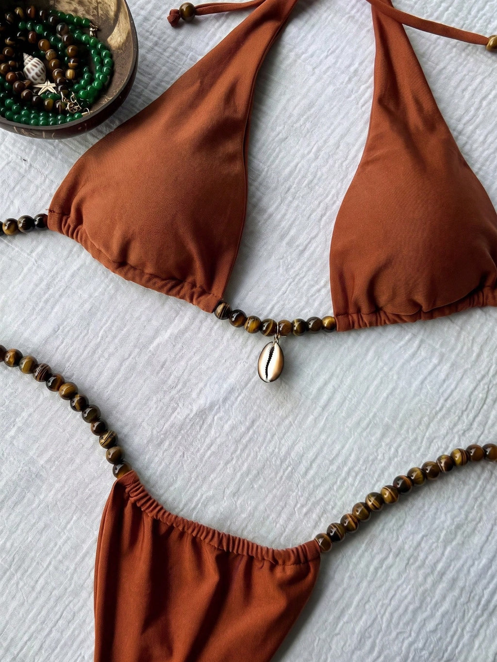 Women's Fashionable Elegant Brown Sexy Beaded Shell Decor Halter