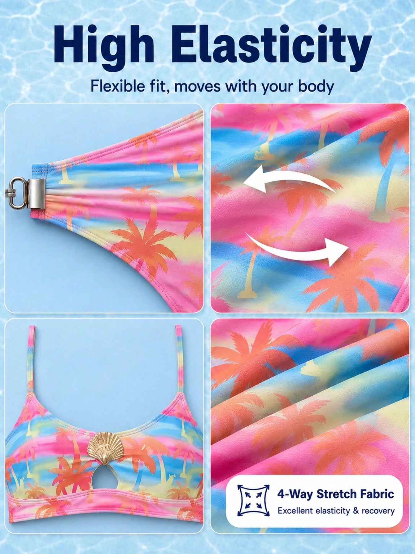 HOTTIE HABIT Women's Rainbow Palm Tree Print Round Neck Bikini Set, Gold Shell Hardware Hollow Front High - image 7