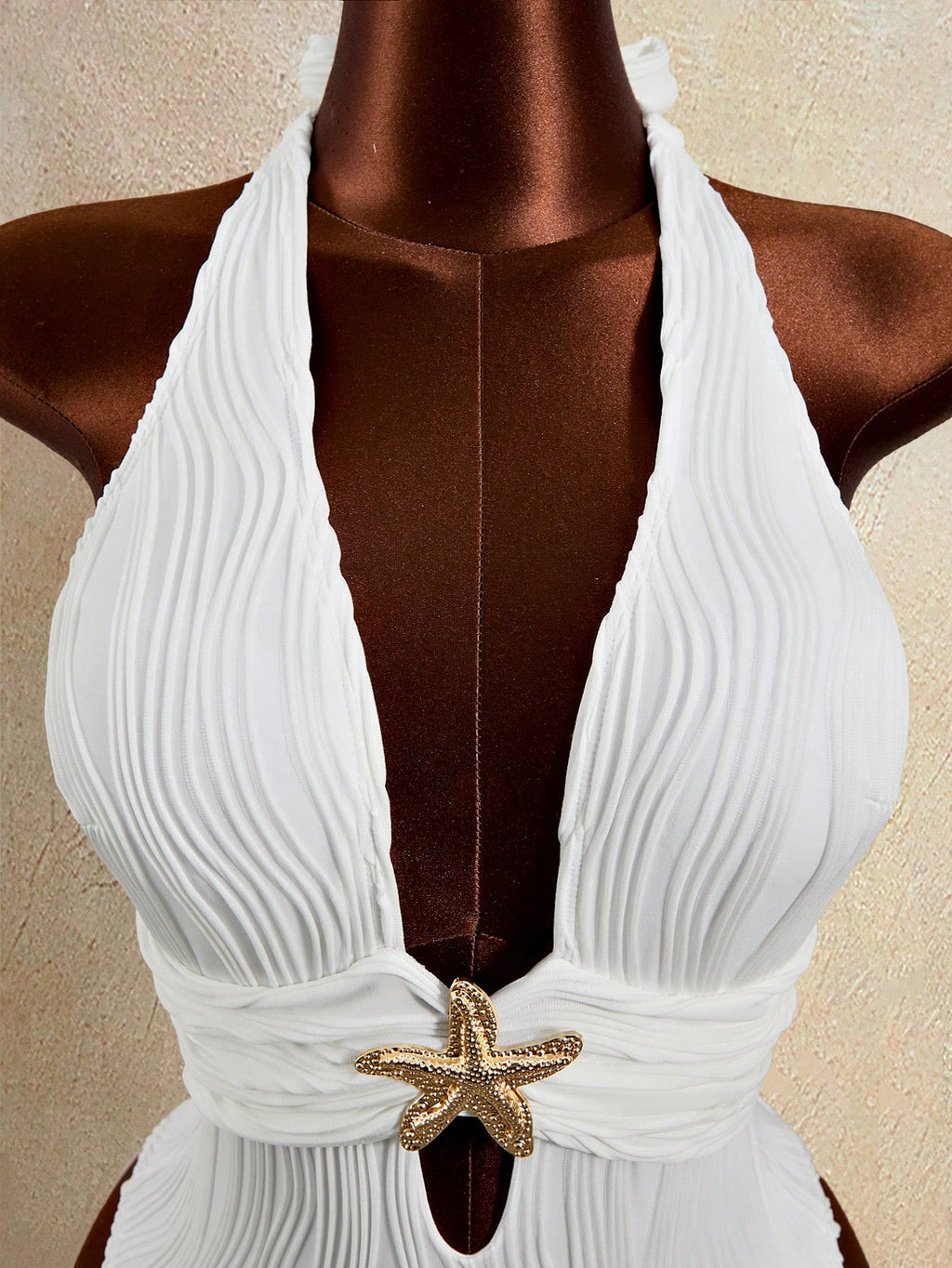 Zestiva Women's One-Piece White Textured Halter Tie Waist Starfish Metal Accent Triangle Hem Skirt - image 5