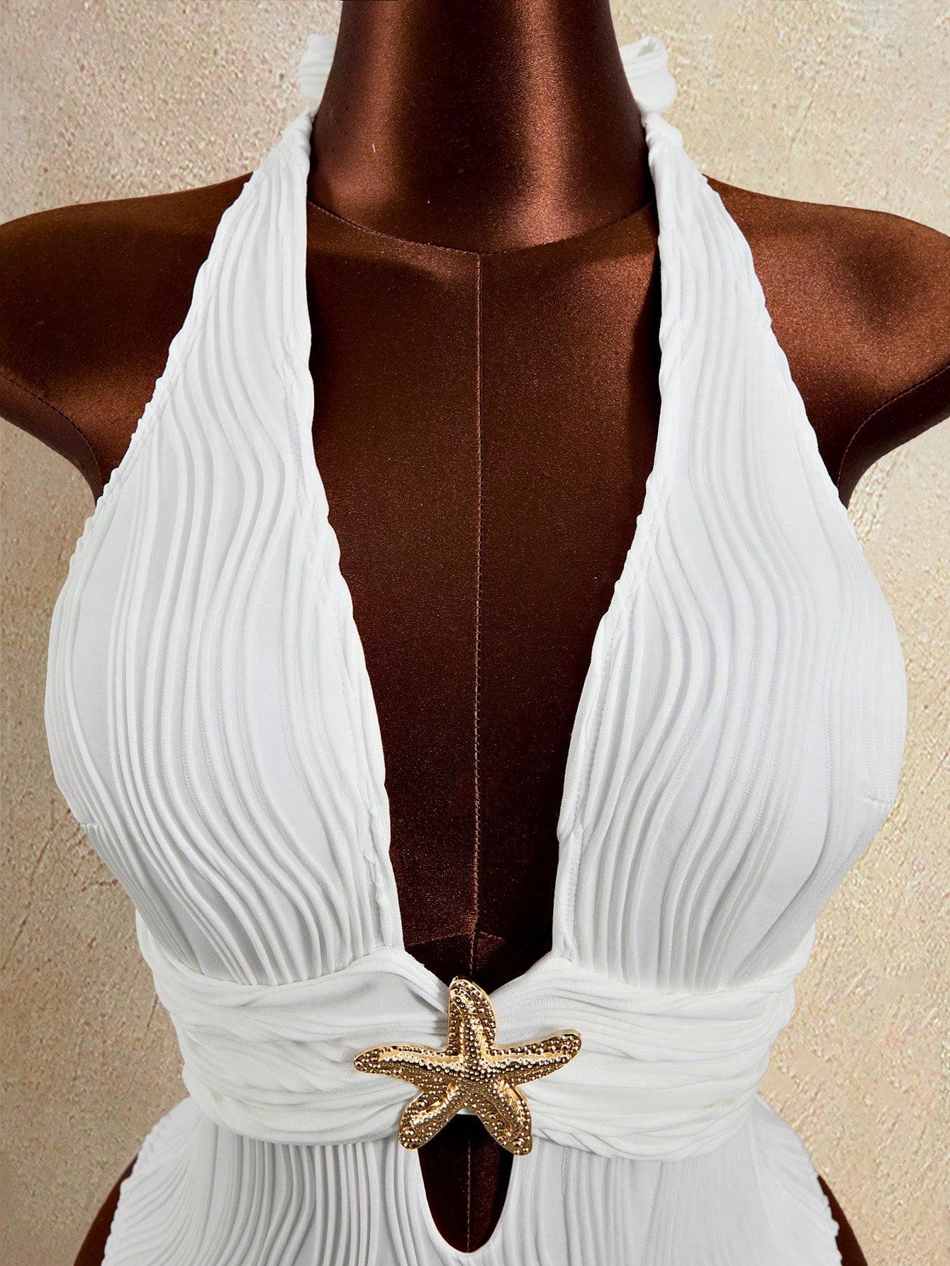 Zestiva Women's One-Piece White Textured Halter Tie Waist Starfish Metal Accent Triangle Hem Skirt - image 5