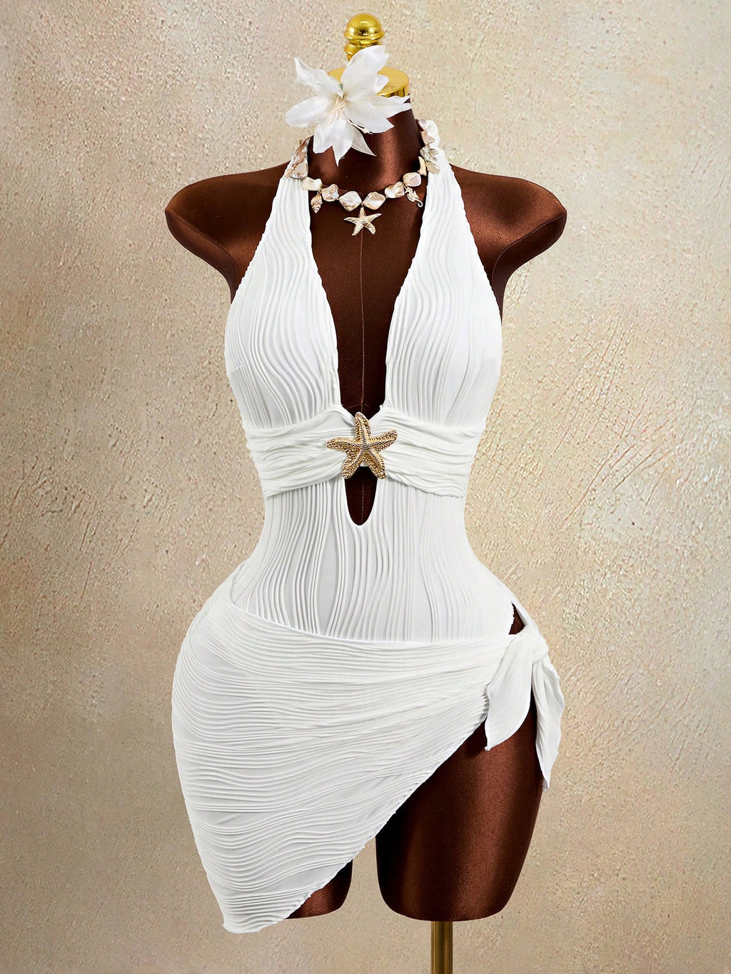 Zestiva Women's One-Piece White Textured Halter Tie Waist Starfish Metal Accent Triangle Hem Skirt - image 6