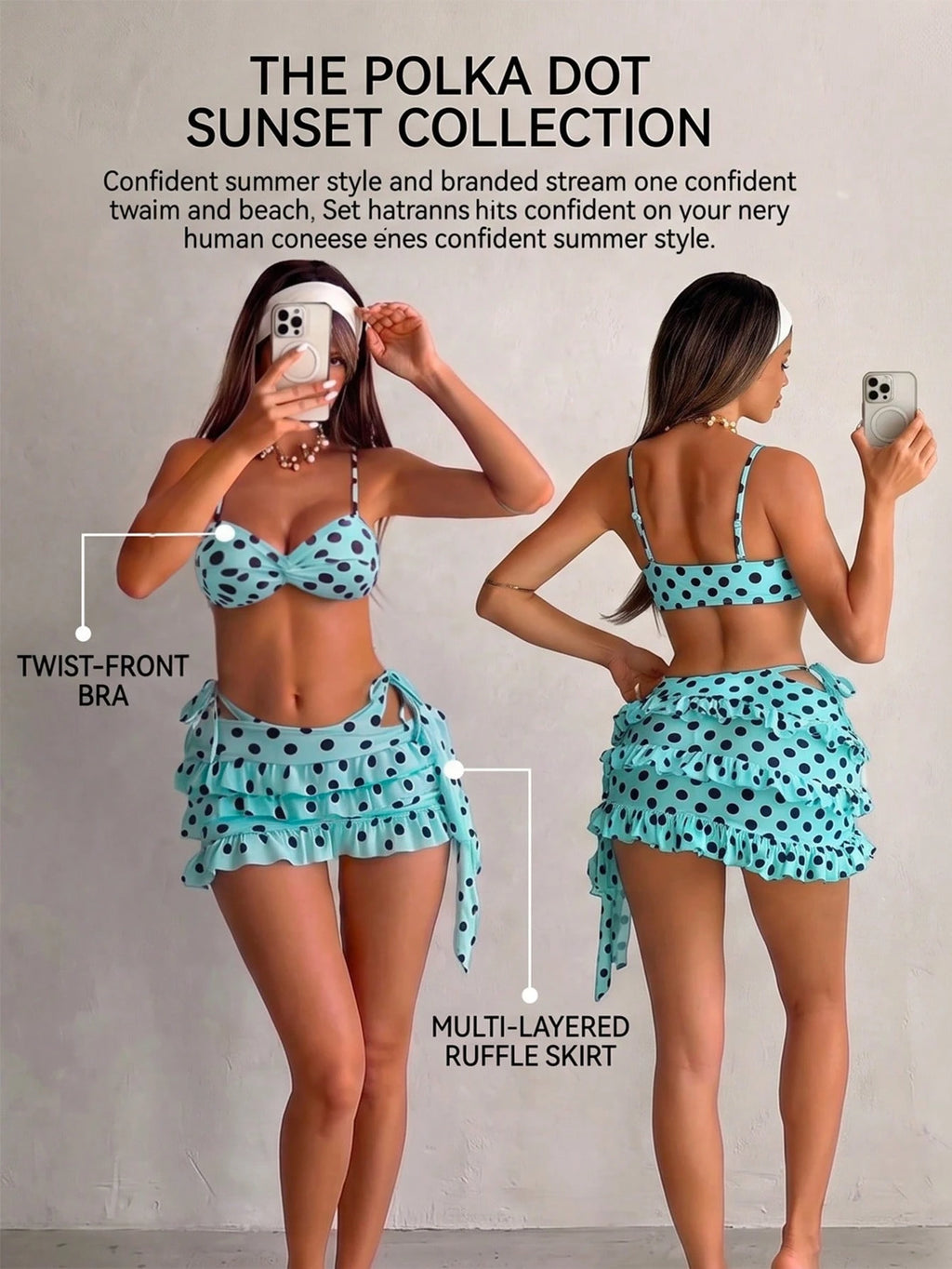 Bonvoyette Women's 3 Piece White With Black Polka Dots Bikini Set,Summer 70s Retro Holiday Beach Outfits,Pool - image 2
