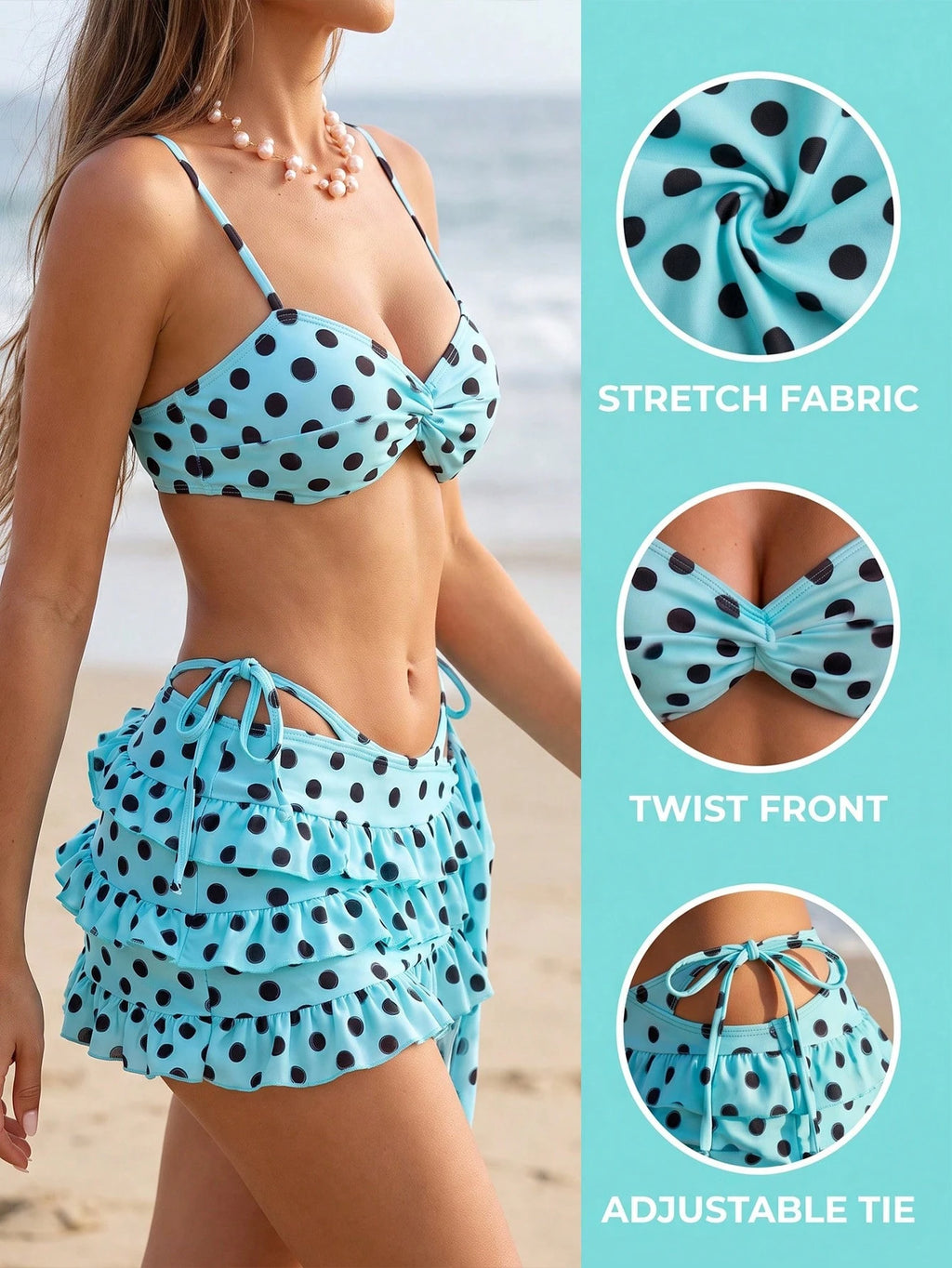 Bonvoyette Women's 3 Piece White With Black Polka Dots Bikini Set,Summer 70s Retro Holiday Beach Outfits,Pool - image 5