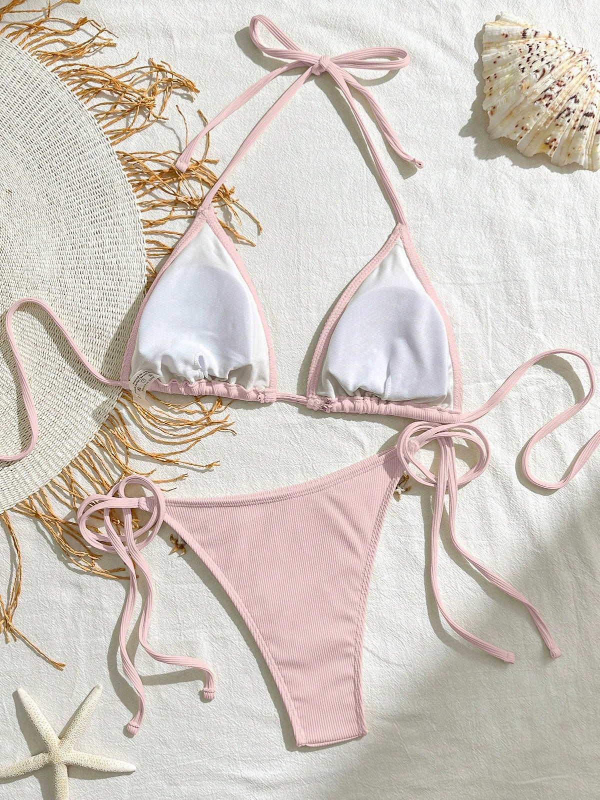 Bikinx Women's Solid Color Satin Ribbon & Shell Decor Triangle Cup Tie Bikini Set, Suitable For Beach - image 17