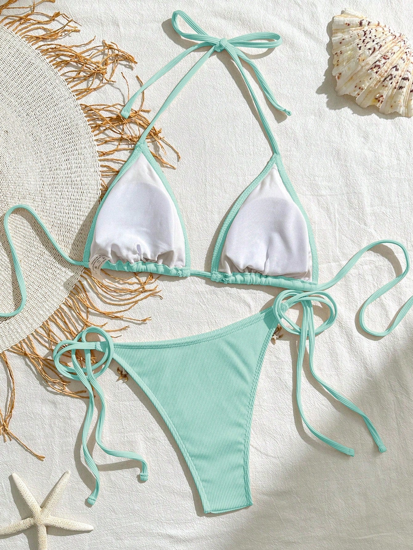 Bikinx Women's Solid Color Satin Ribbon & Shell Decor Triangle Cup