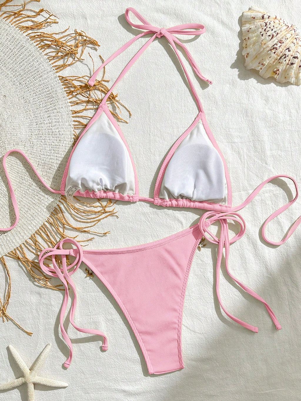 Bikinx Women's Solid Color Satin Ribbon & Shell Decor Triangle Cup