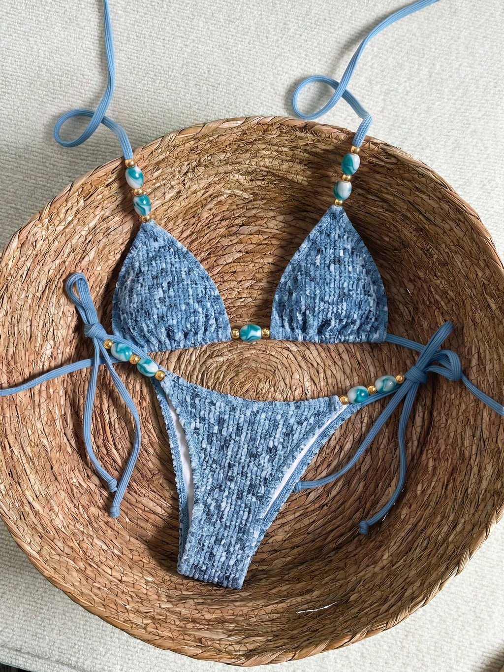 Bikinx Women's Elegant Textured Beaded Halter Bikini Set, Side Tie