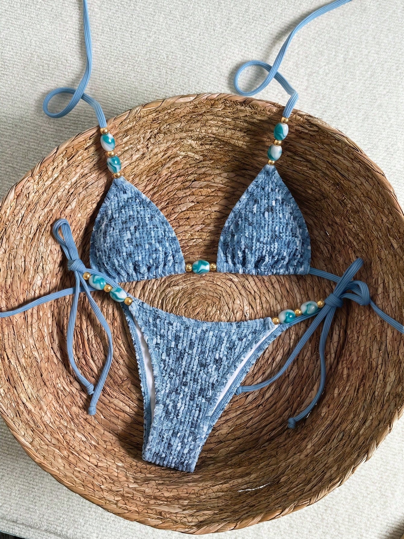 Bikinx Women's Elegant Textured Beaded Halter Bikini Set, Side Tie