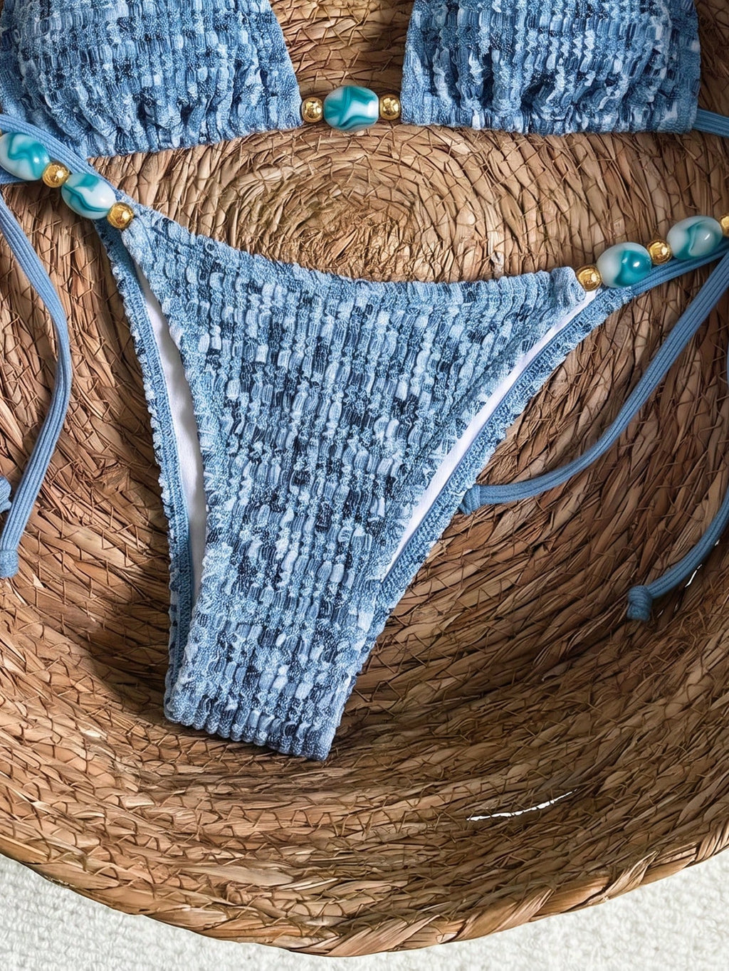 Bikinx Women's Elegant Textured Beaded Halter Bikini Set, Side Tie