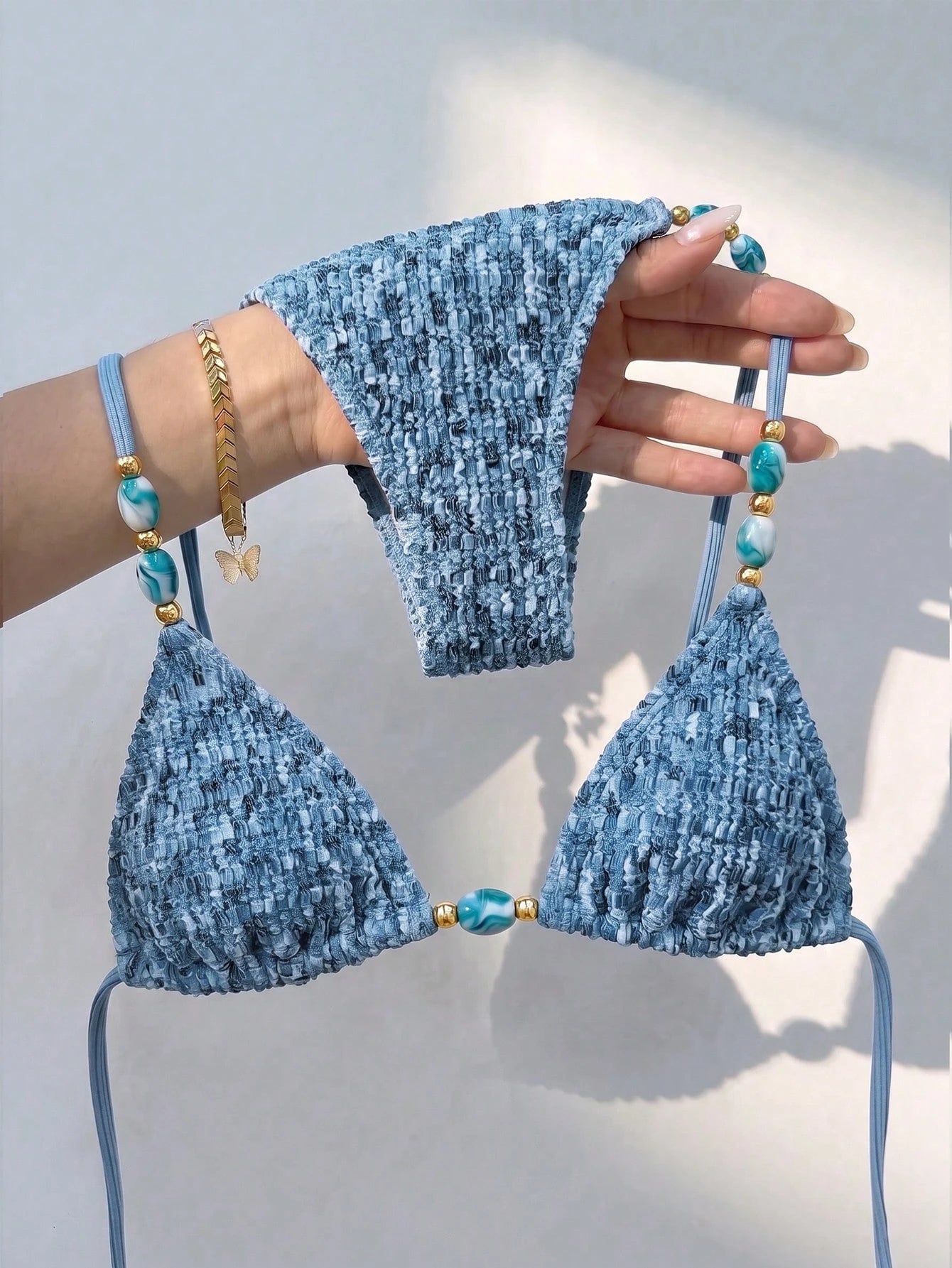 Bikinx Women's Elegant Textured Beaded Halter Bikini Set, Side Tie