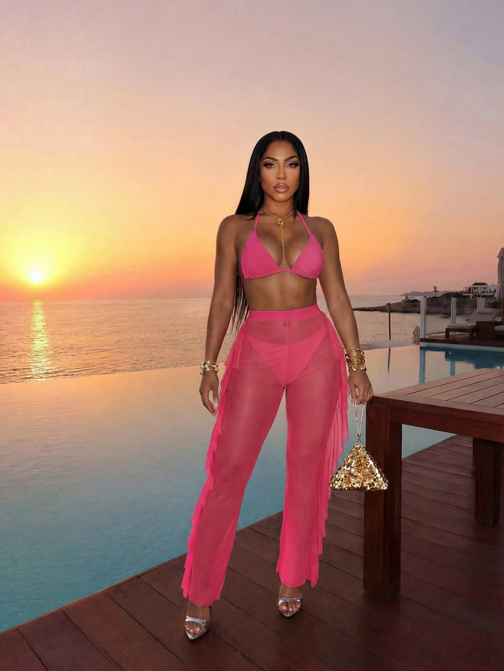 Slaydiva 2026 Casual Beach Holiday Bikini+Unique Ruffled Sheer Elastic Pants 3 P