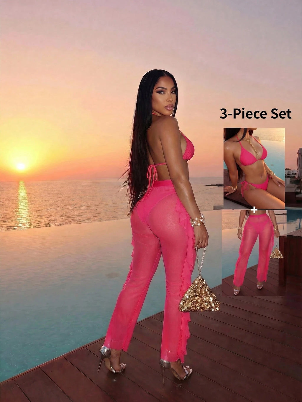 Slaydiva 2026 Casual Beach Holiday Bikini+Unique Ruffled Sheer Elastic Pants 3 P