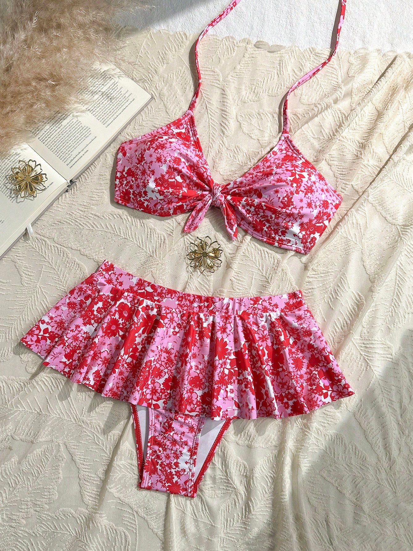 Swim Mod Summer Beach Floral Print Front Knot & Ruffle Trimmed Bikini Set - image 15