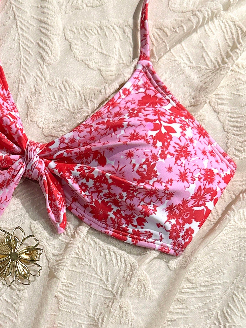 Swim Mod Summer Beach Floral Print Front Knot & Ruffle Trimmed Bikini Set - image 16
