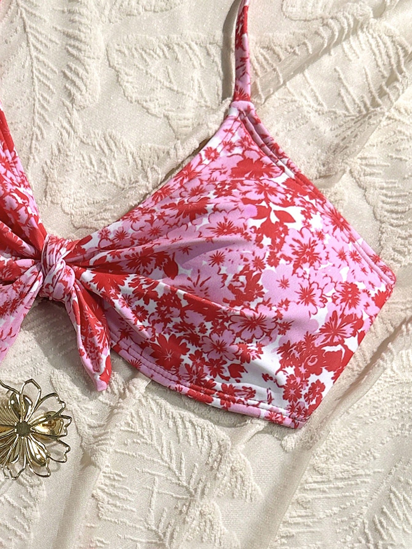 Swim Mod Summer Beach Floral Print Front Knot & Ruffle Trimmed Bikini Set - image 16
