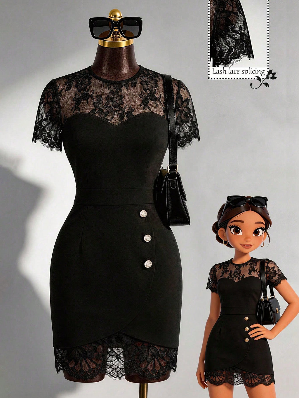 GlowEve Spring/Summer New Elegant Fitted Contrast Lace Sheer Heart Neck Low-Cut Waist Bodycon Mini Dress For