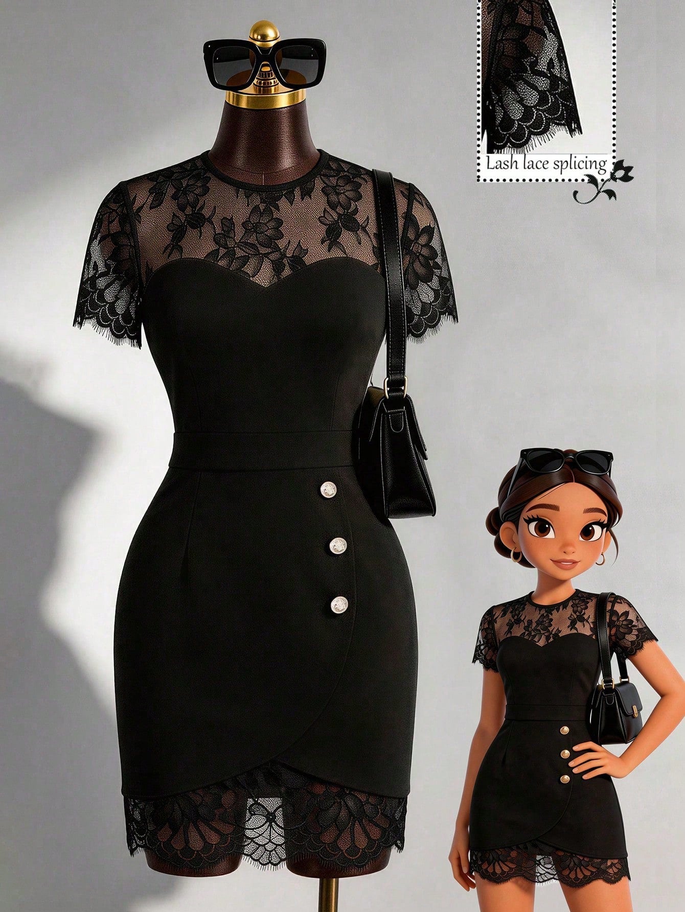 GlowEve Spring/Summer New Elegant Fitted Contrast Lace Sheer Heart Neck Low-Cut Waist Bodycon Mini Dress For