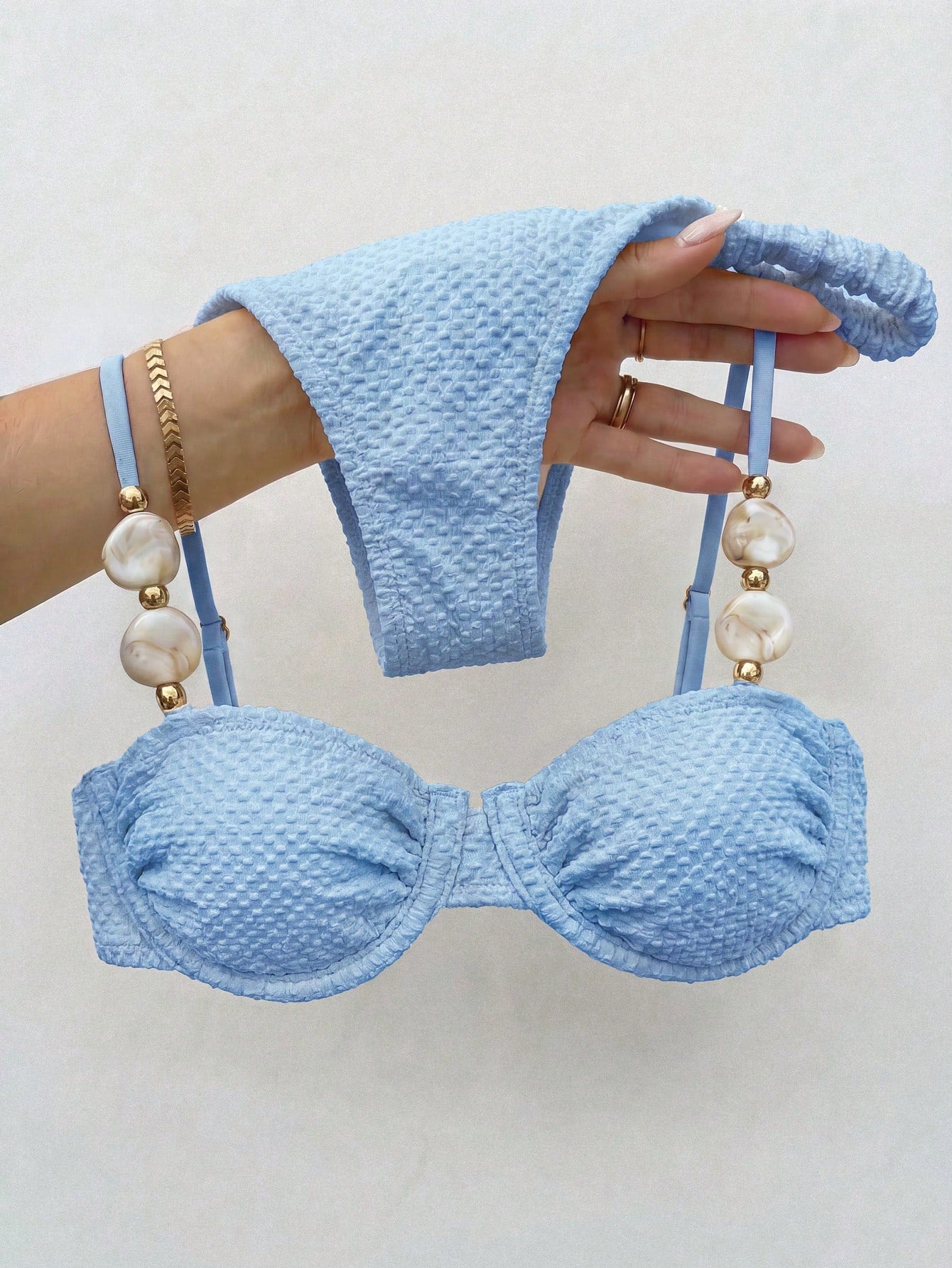Bikinx Women's Elegant Beaded Stone Decor Textured Bikini Set,