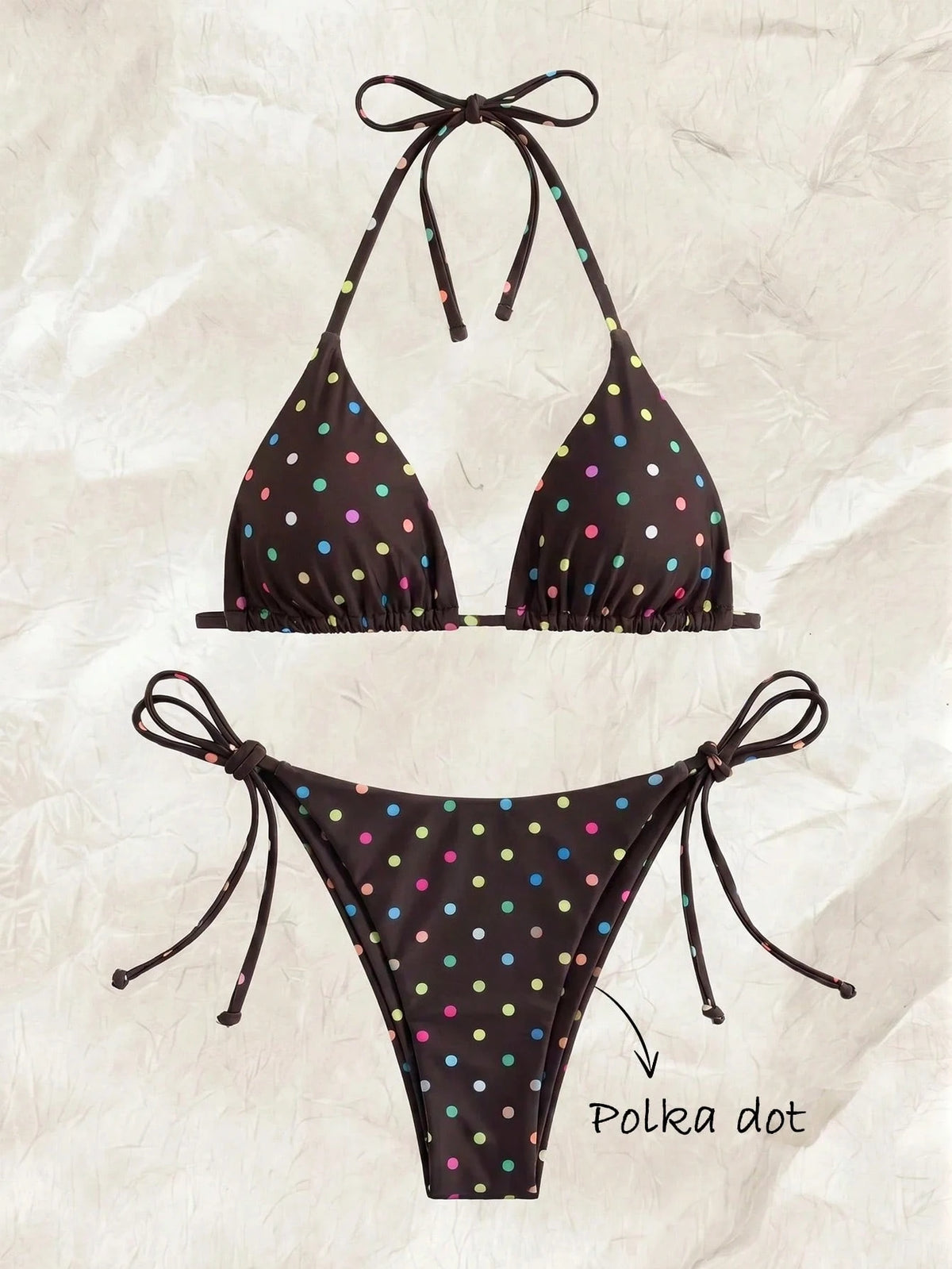 Elavelle New Arrival Spring/Summer Merlot Colorful Polka Dot Halter Neck Triangle Cup Bikini Set, Sexy Two - image 7