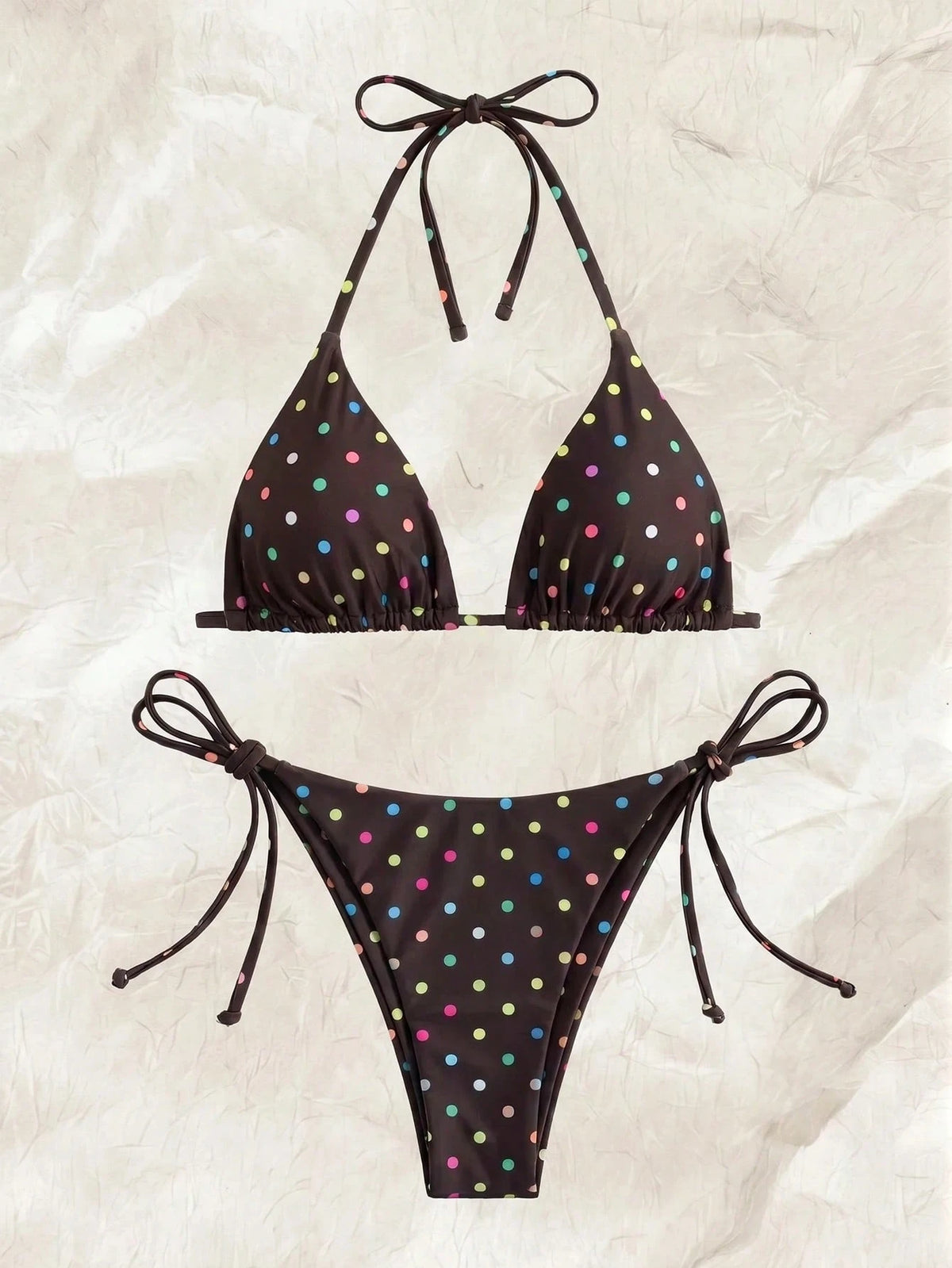 Elavelle New Arrival Spring/Summer Merlot Colorful Polka Dot Halter Neck Triangle Cup Bikini Set, Sexy Two - image 8