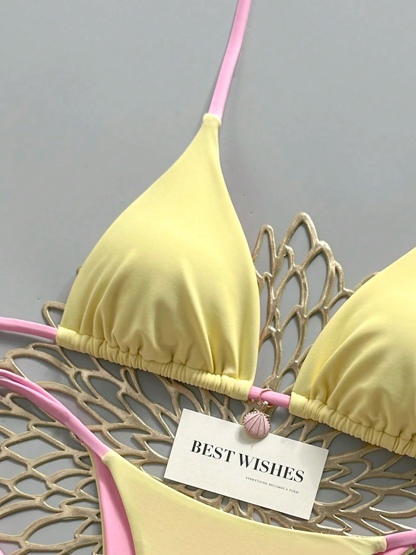 Swim Mod Yellow & Pink Contrast Spaghetti Strap Bikini Two Pieces