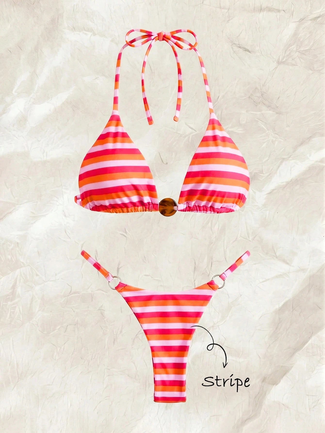 Swim Mod Women's 2 Pieces Bikini Set, Pink Stripe Triangle Spaghetti