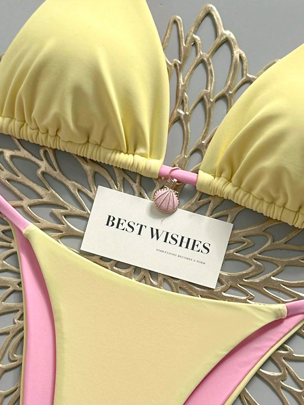 Swim Mod Yellow & Pink Contrast Spaghetti Strap Bikini Two Pieces