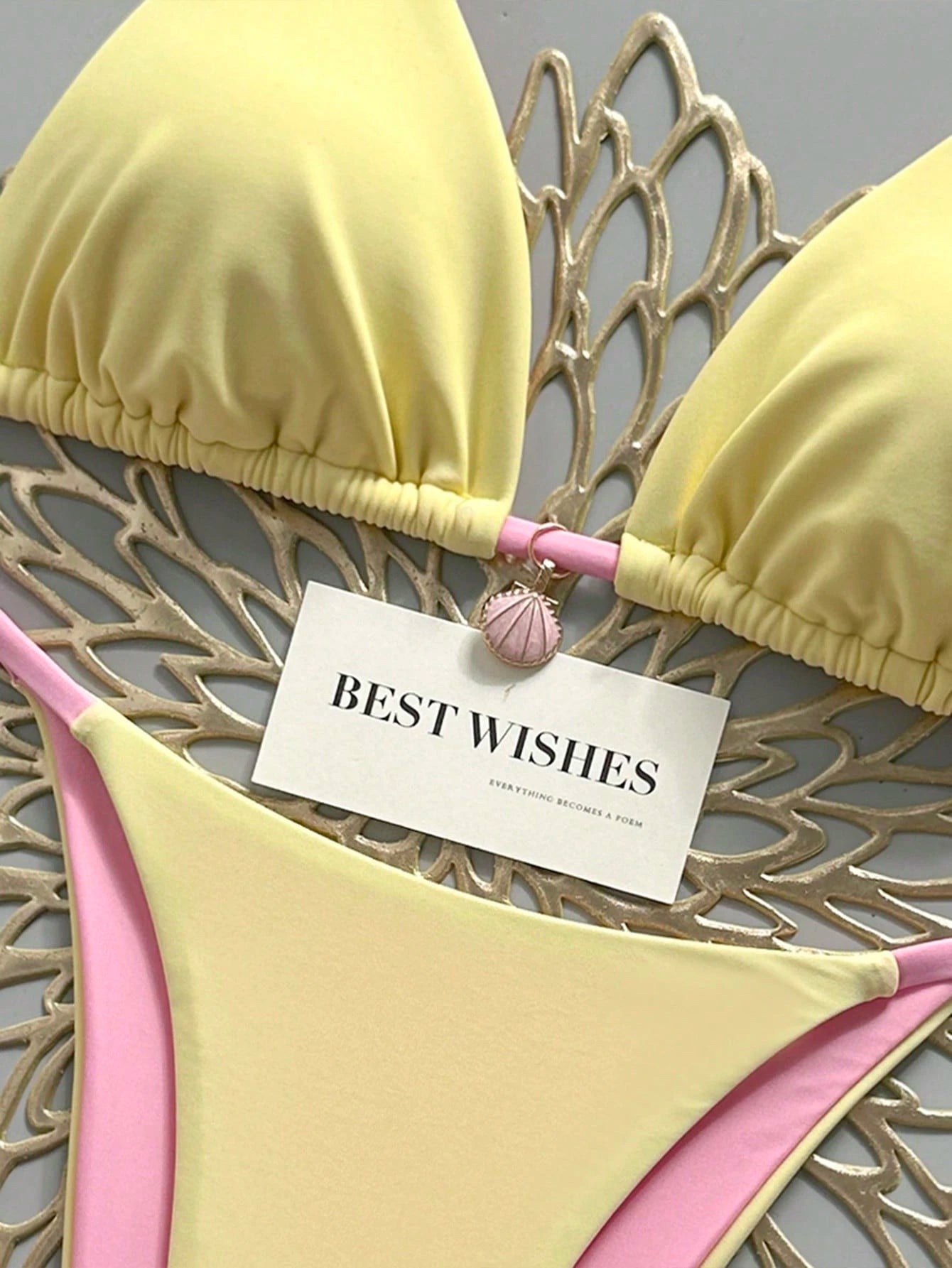 Swim Mod Yellow & Pink Contrast Spaghetti Strap Bikini Two Pieces