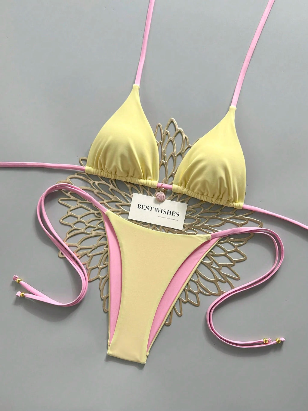 Swim Mod Yellow & Pink Contrast Spaghetti Strap Bikini Two Pieces