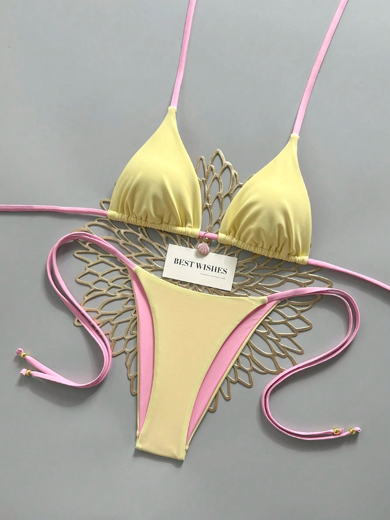 Swim Mod Yellow & Pink Contrast Spaghetti Strap Bikini Two Pieces