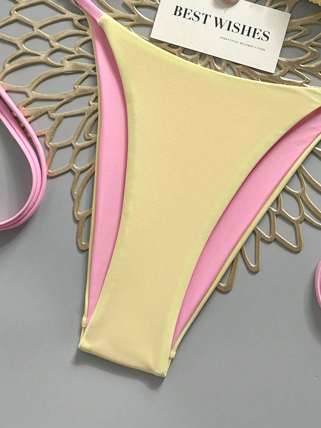 Swim Mod Yellow & Pink Contrast Spaghetti Strap Bikini Two Pieces