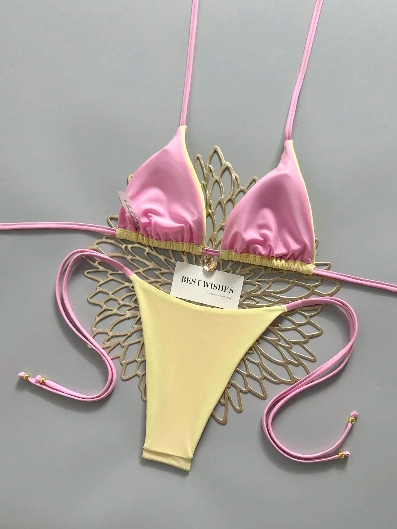 Swim Mod Yellow & Pink Contrast Spaghetti Strap Bikini Two Pieces