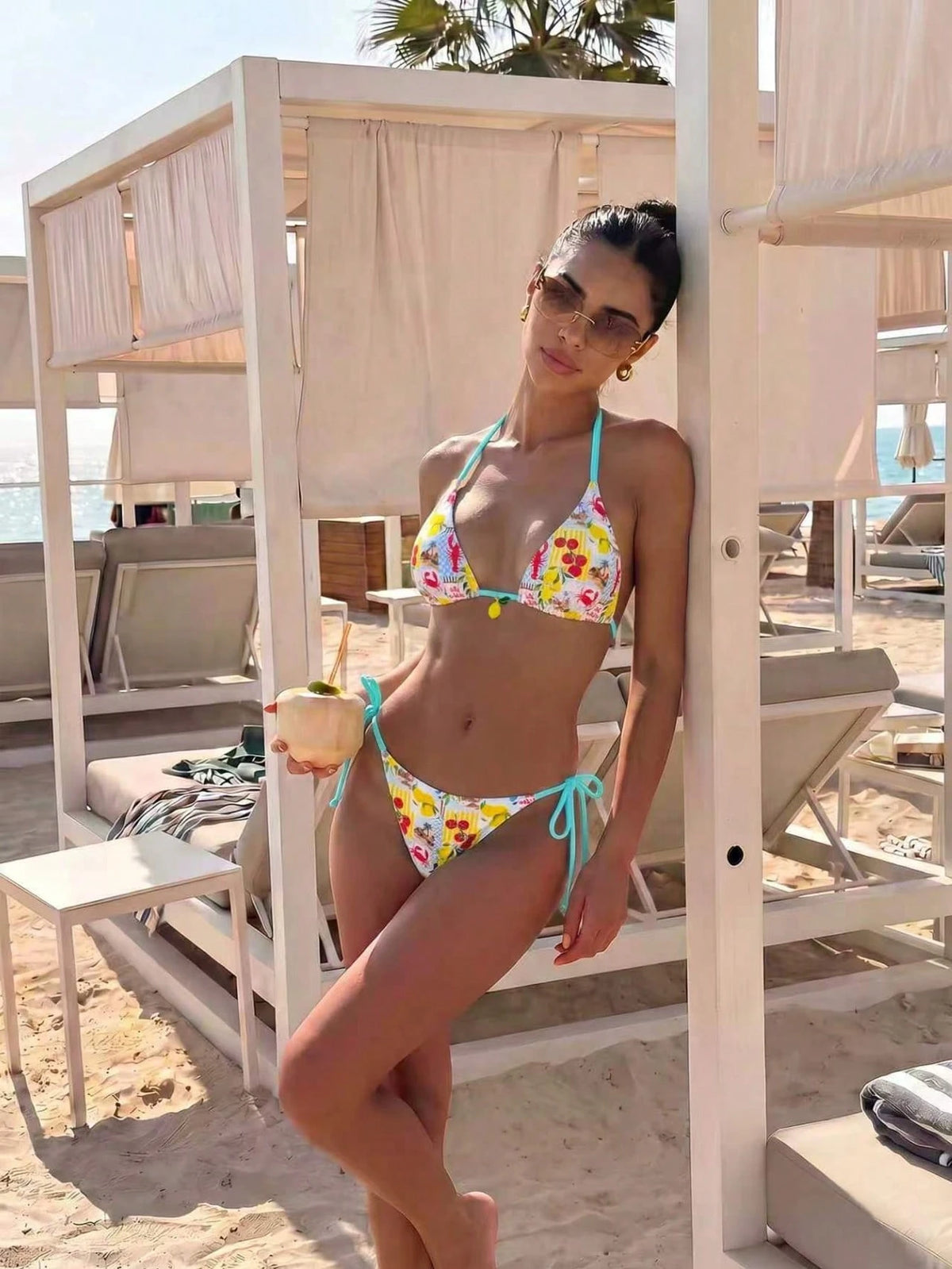 2pcs Lemon Print Bikini Set, Tie Design With Lemon Pendant Decor,